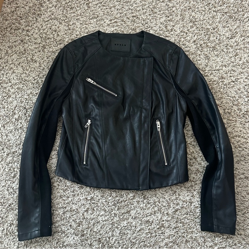 BLANKNYC Record Breaker Collarless Faux Leather Moto Jacket